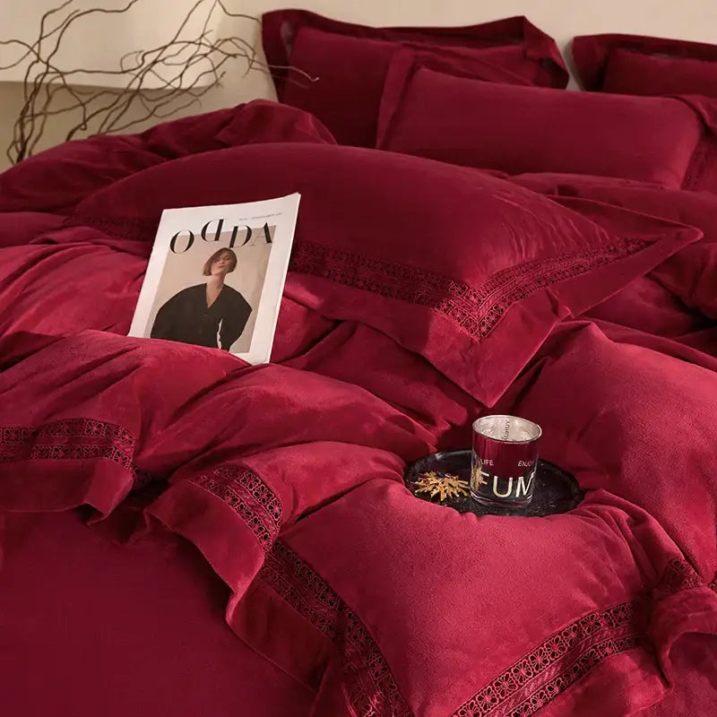 Cozy velvet lace bedding set cream bedroom decor