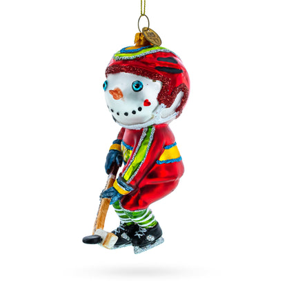 Snowman Playing Hockey Glass Christmas Ornament