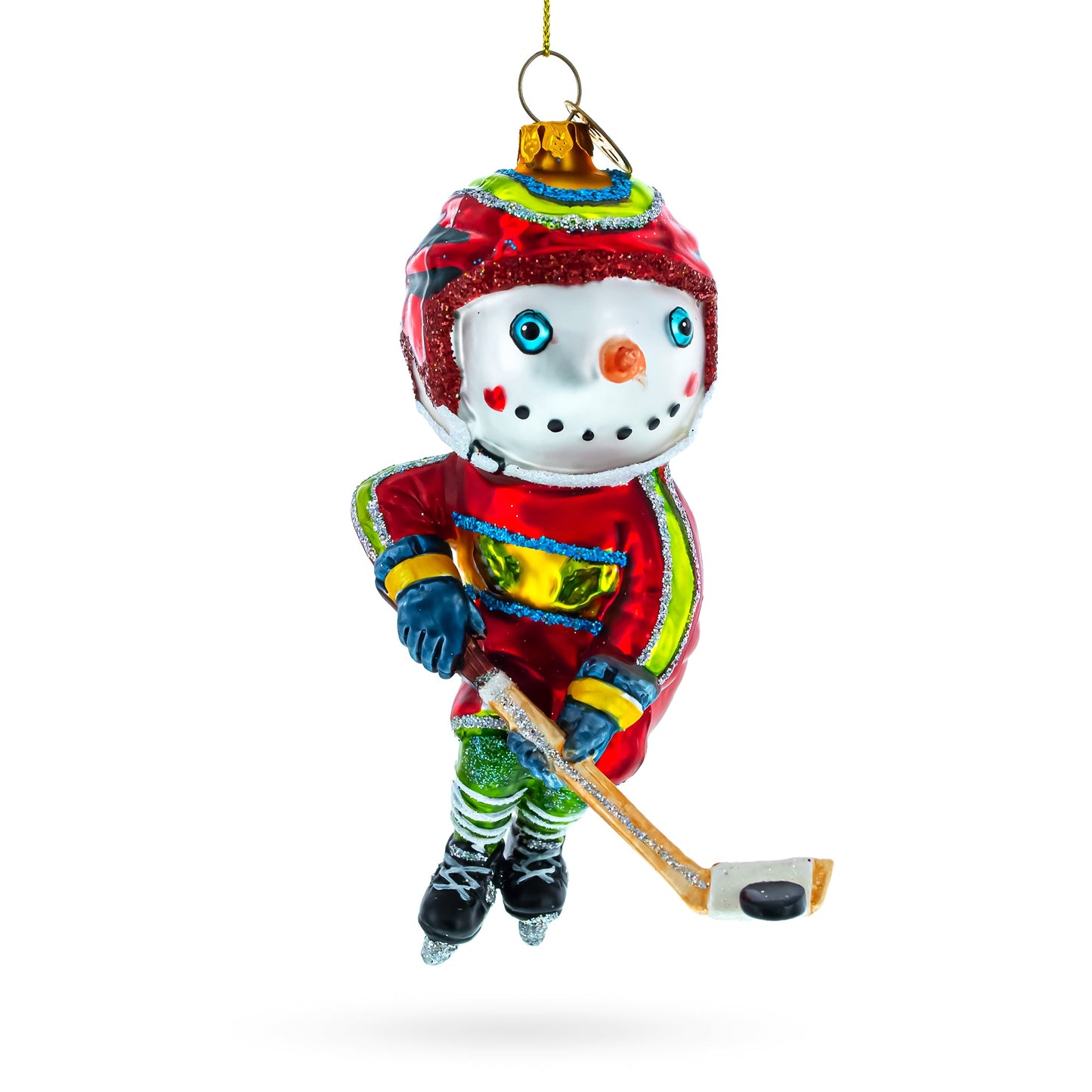 Snowman Playing Hockey Glass Christmas Ornament