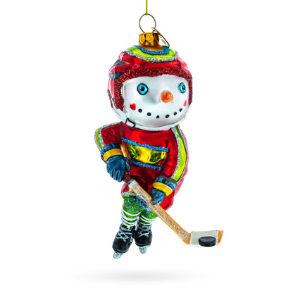 Snowman Playing Hockey Glass Christmas Ornament