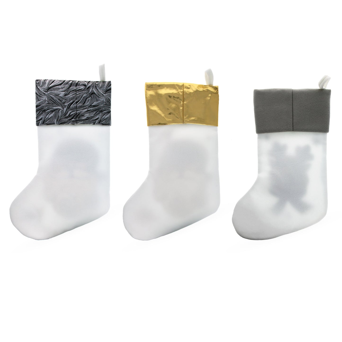 Set of 3 Gold and Silver, on White Felt Santa, Reindeer Christmas Stockings 15 Inches
