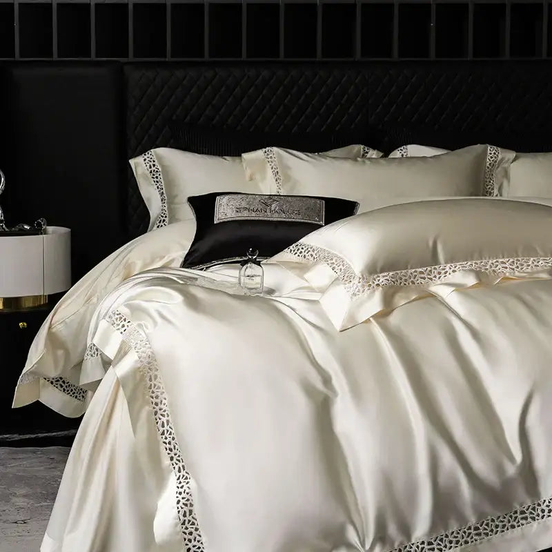 Cream and black egyptian cotton bedding set bedroom lace trim decor