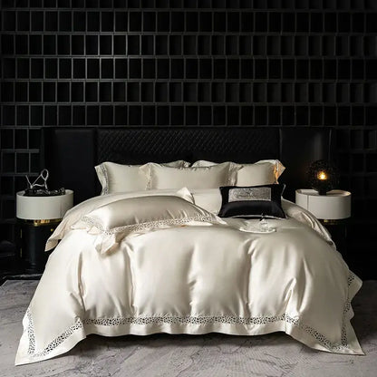 Cream and black egyptian cotton bedding set bedroom lace trim decor