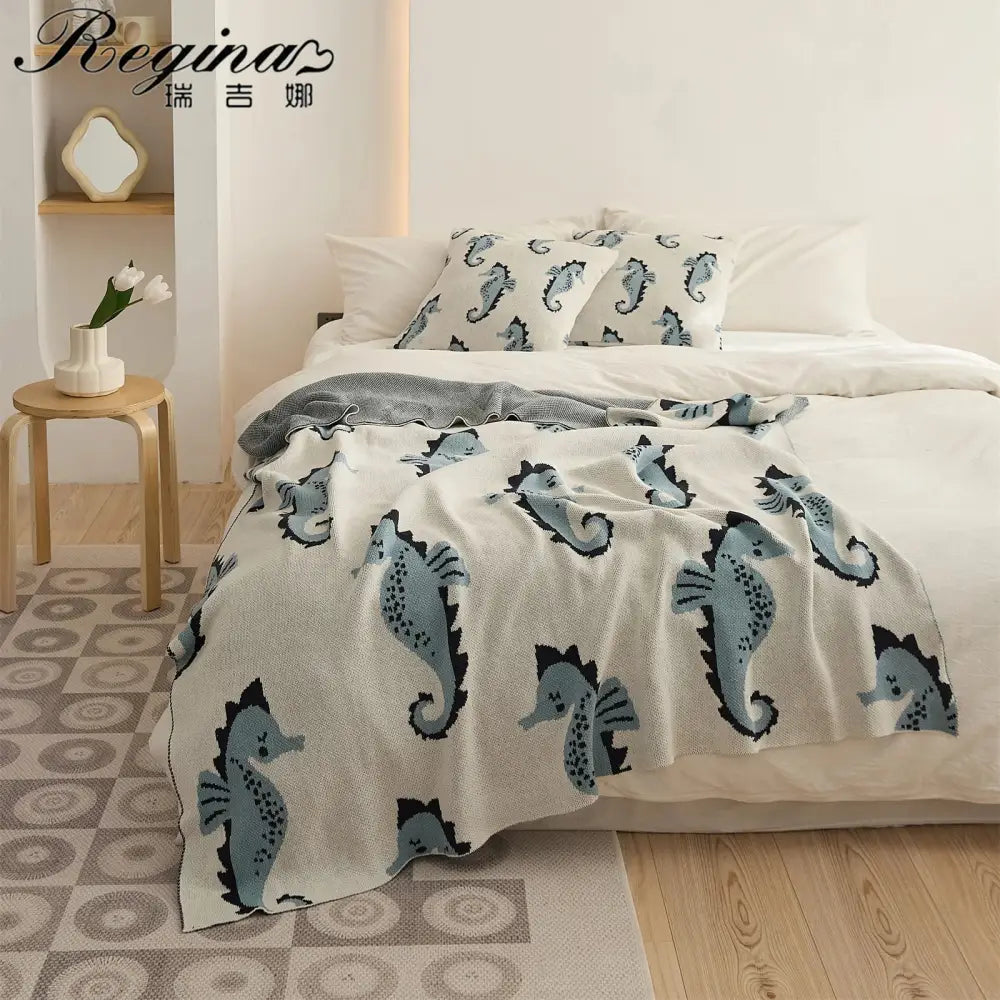 Cream and blue cute sea horse cotton blanket bedroom knit throw