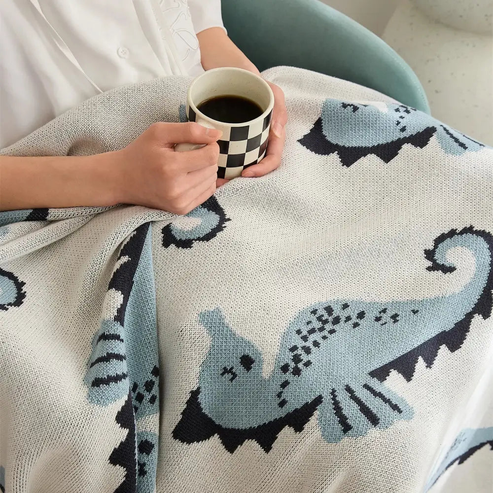 Cream and blue cute sea horse cotton blanket bedroom knit throw