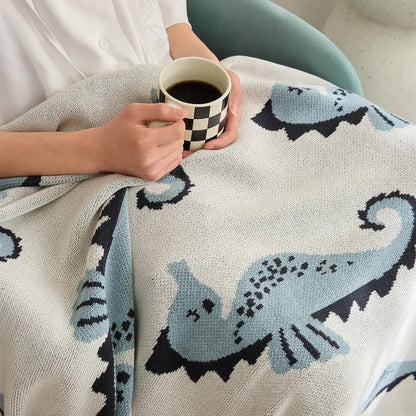 Cream and blue cute sea horse cotton blanket bedroom knit throw