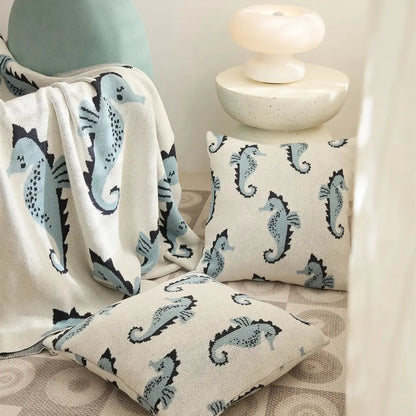 Cream and blue cute sea horse cotton blanket bedroom knit throw