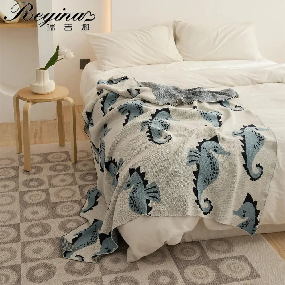Cream and blue cute sea horse cotton blanket bedroom knit throw