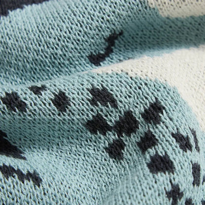 Cream and blue cute sea horse cotton blanket bedroom knit throw