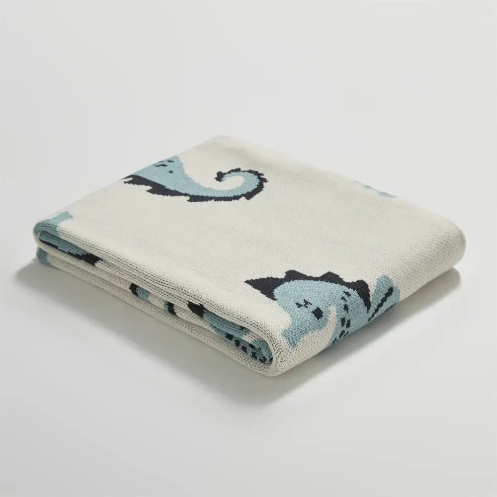 Cream and blue cute sea horse cotton blanket bedroom knit throw