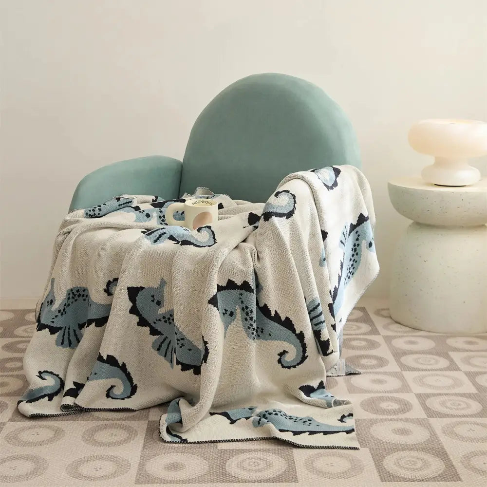 Cream and blue cute sea horse cotton blanket bedroom knit throw