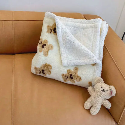 Cream and brown bear lamb plush blanket bedroom fleece cover