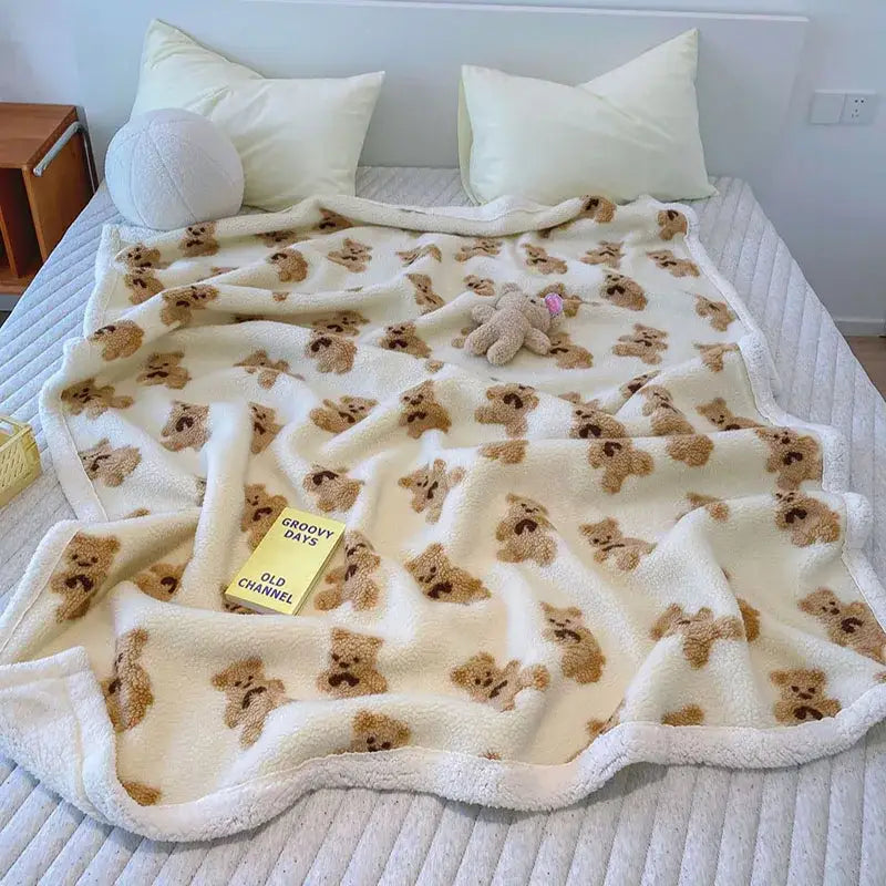 Cream and brown bear lamb plush blanket bedroom fleece cover