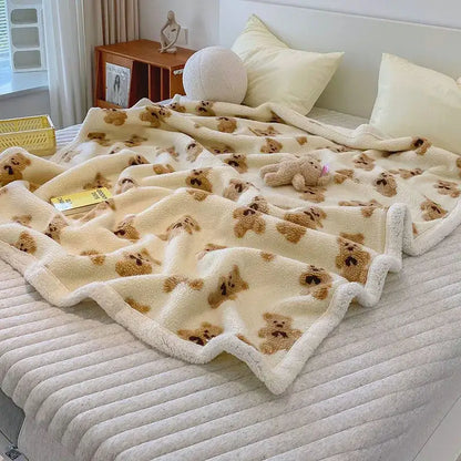 Cream and brown bear lamb plush blanket bedroom fleece cover