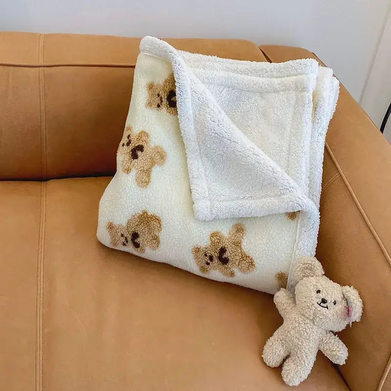 Cream and brown bear lamb plush blanket bedroom fleece cover