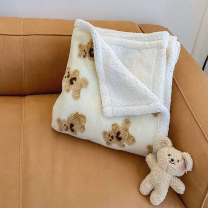 Cream and brown bear lamb plush blanket bedroom fleece cover
