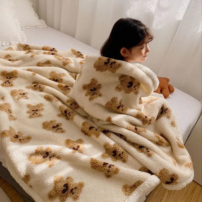 Cream and brown bear lamb plush blanket bedroom fleece cover