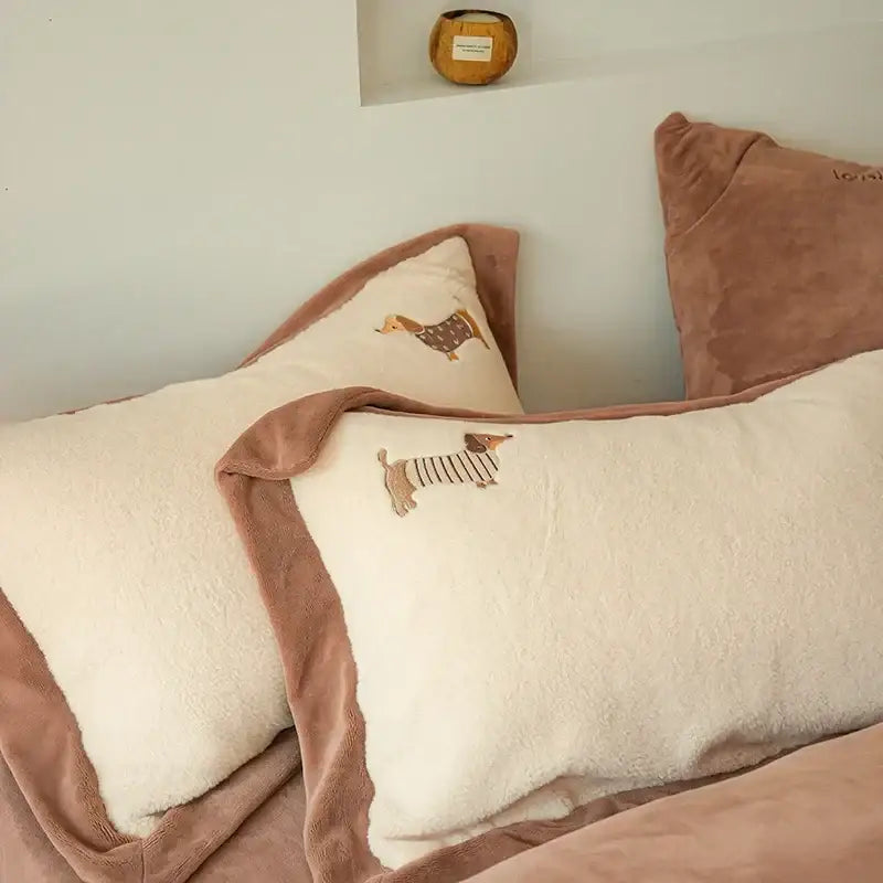 Cream and brown embroidered imitation cashmere bedding set bedroom