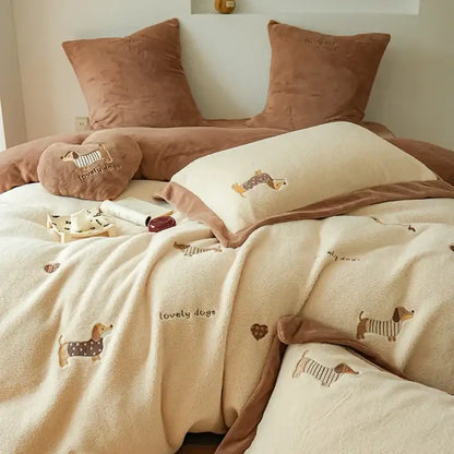 Cream and brown embroidered imitation cashmere bedding set bedroom