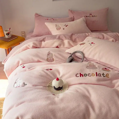 Cream and brown embroidered imitation cashmere bedding set bedroom