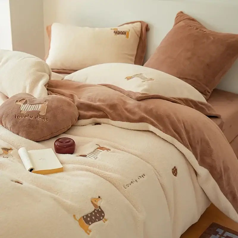 Cream and brown embroidered imitation cashmere bedding set bedroom