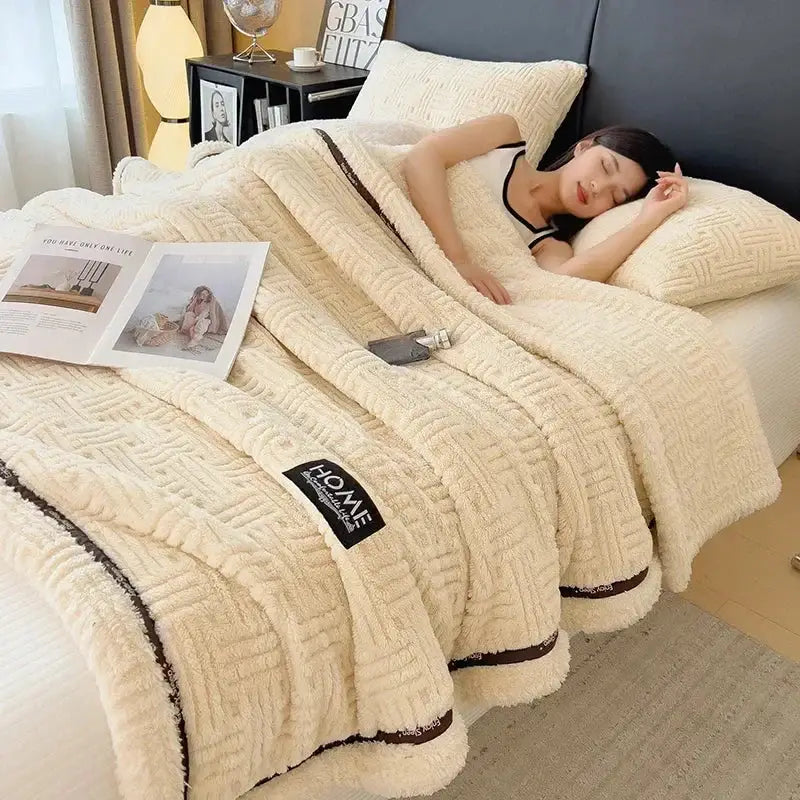 Cream and brown textured fluffy fleece blanket bedroom throw bed cover
