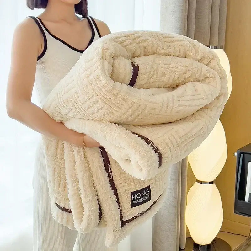 Cream and brown textured fluffy fleece blanket bedroom throw bed cover
