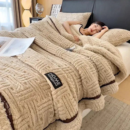 Cream and brown textured fluffy fleece blanket bedroom throw bed cover
