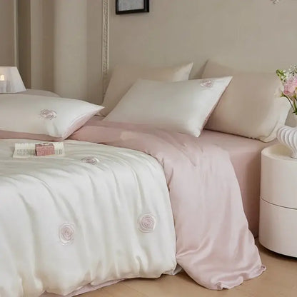 Cream and green cartoon embroidery comforter set bedroom bedding