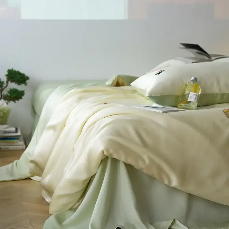 Cream and green cartoon embroidery comforter set bedroom bedding