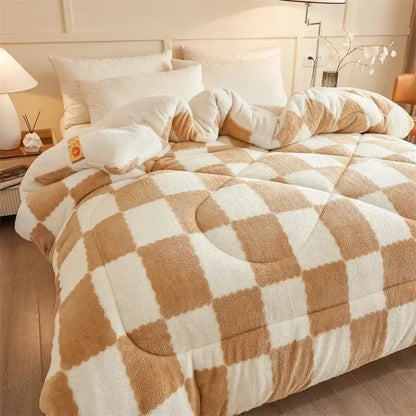 Cream and tan cozy checkerboard cashmere weighted blanket bedroom