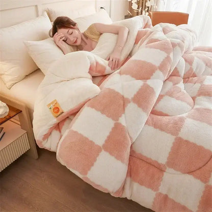 Cream and tan cozy checkerboard cashmere weighted blanket bedroom