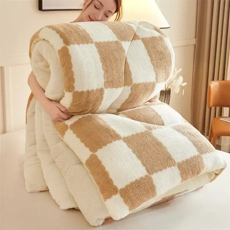 Cream and tan cozy checkerboard cashmere weighted blanket bedroom