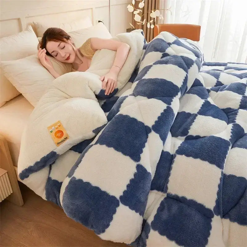 Cream and tan cozy checkerboard cashmere weighted blanket bedroom