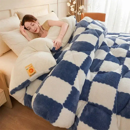 Cream and tan cozy checkerboard cashmere weighted blanket bedroom