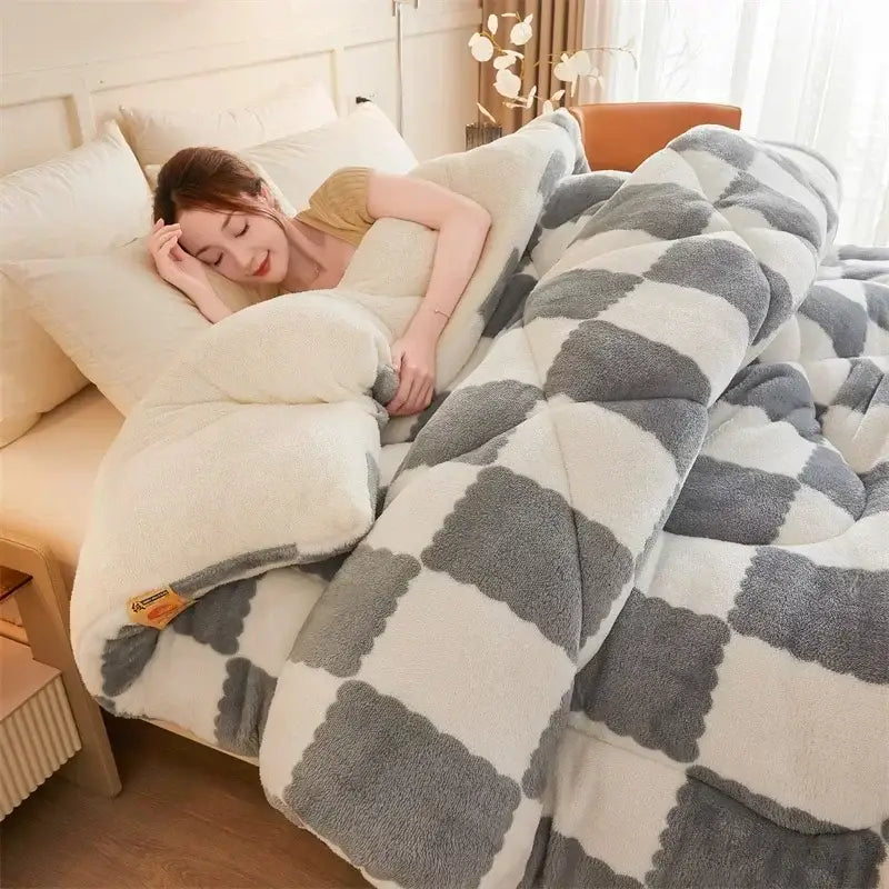 Cream and tan cozy checkerboard cashmere weighted blanket bedroom