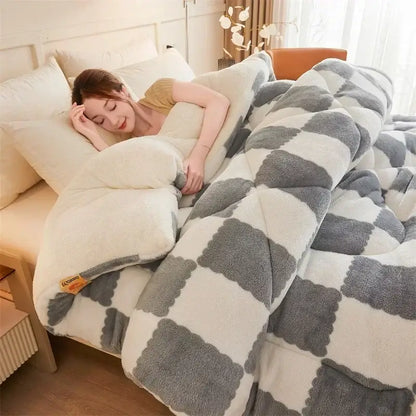 Cream and tan cozy checkerboard cashmere weighted blanket bedroom