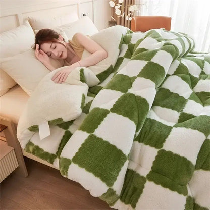 Cream and tan cozy checkerboard cashmere weighted blanket bedroom
