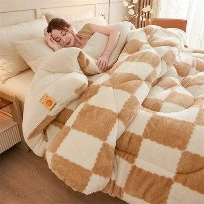 Cream and tan cozy checkerboard cashmere weighted blanket bedroom