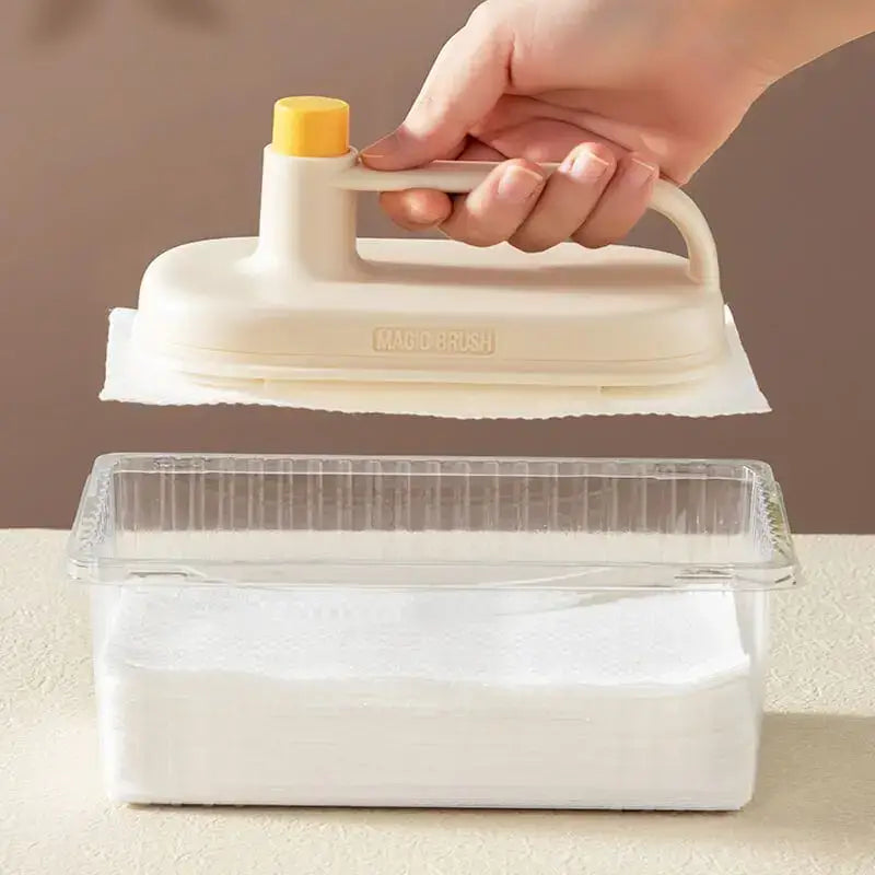 Cream and yellow silicone kitchen cleaning brush with replaceable head