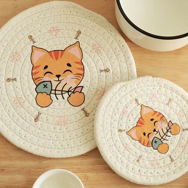 Cream braided rope cat print round coaster dining room heat pad