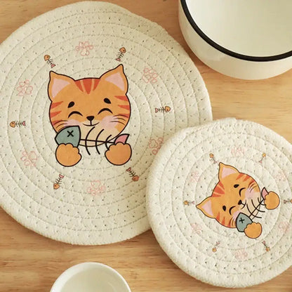 Cream braided rope cat print round coaster dining room heat pad