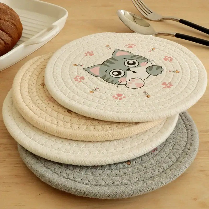 Cream braided rope cat print round coaster dining room heat pad