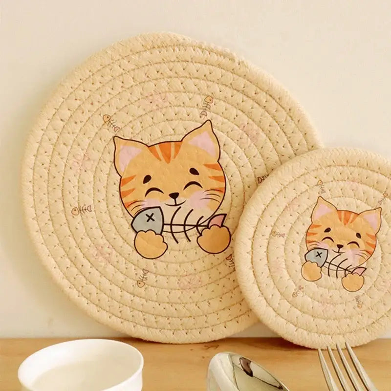 Cream braided rope cat print round coaster dining room heat pad