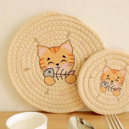 Cream braided rope cat print round coaster dining room heat pad