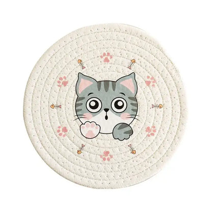 Cream braided rope cat print round coaster dining room heat pad