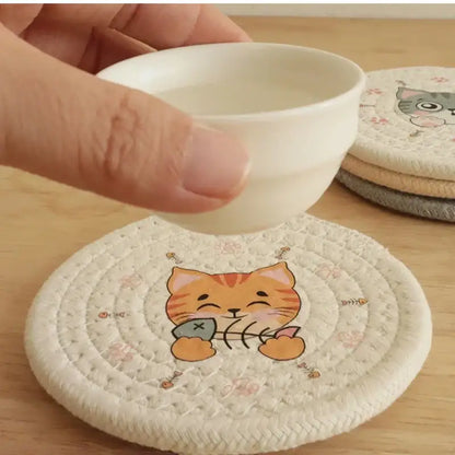 Cream braided rope cat print round coaster dining room heat pad