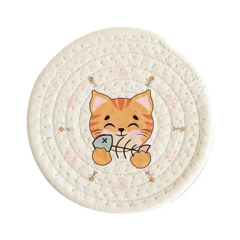 Cream braided rope cat print round coaster dining room heat pad