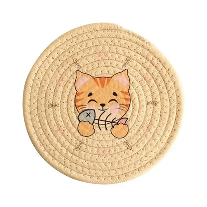 Cream braided rope cat print round coaster dining room heat pad