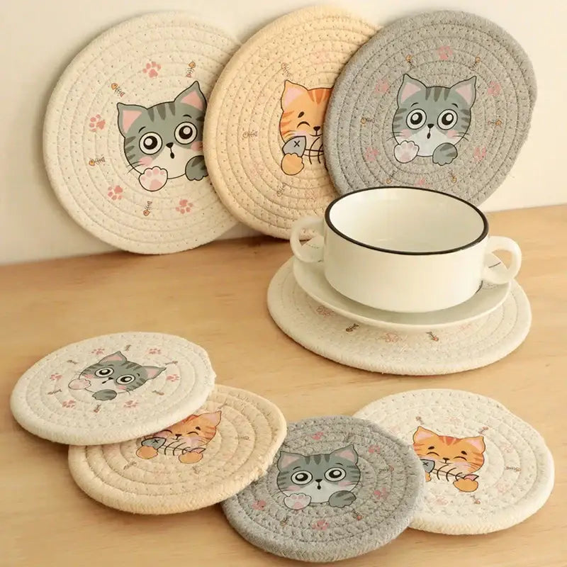 Cream braided rope cat print round coaster dining room heat pad
